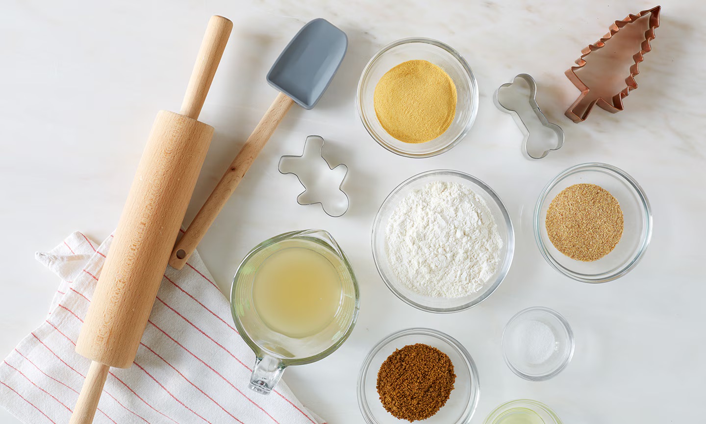 Photo of ingredients and supplies used to make holiday dog cookies